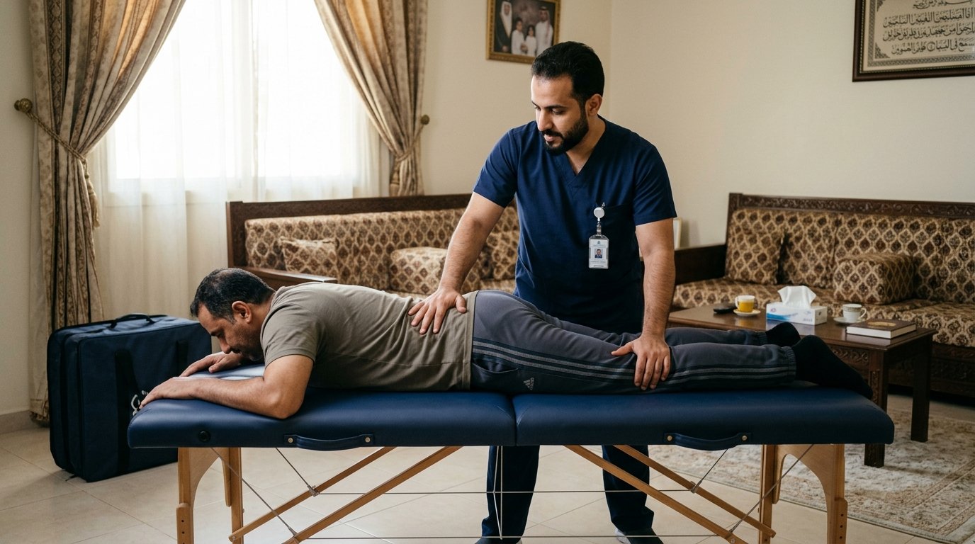 أخصائي علاج طبيعي مرخص يطبق تقنيات العلاج اليدوي وتحريك الفقرات القطنية لمريض داخل منزله