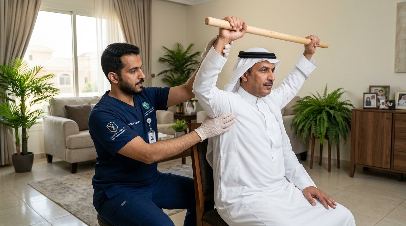 أخصائي علاج طبيعي مرخص يطبق تقنيات التحريك المفصلي اللطيف والعلاج اليدوي لمفصل الكتف المتيبس لمريض داخل منزله