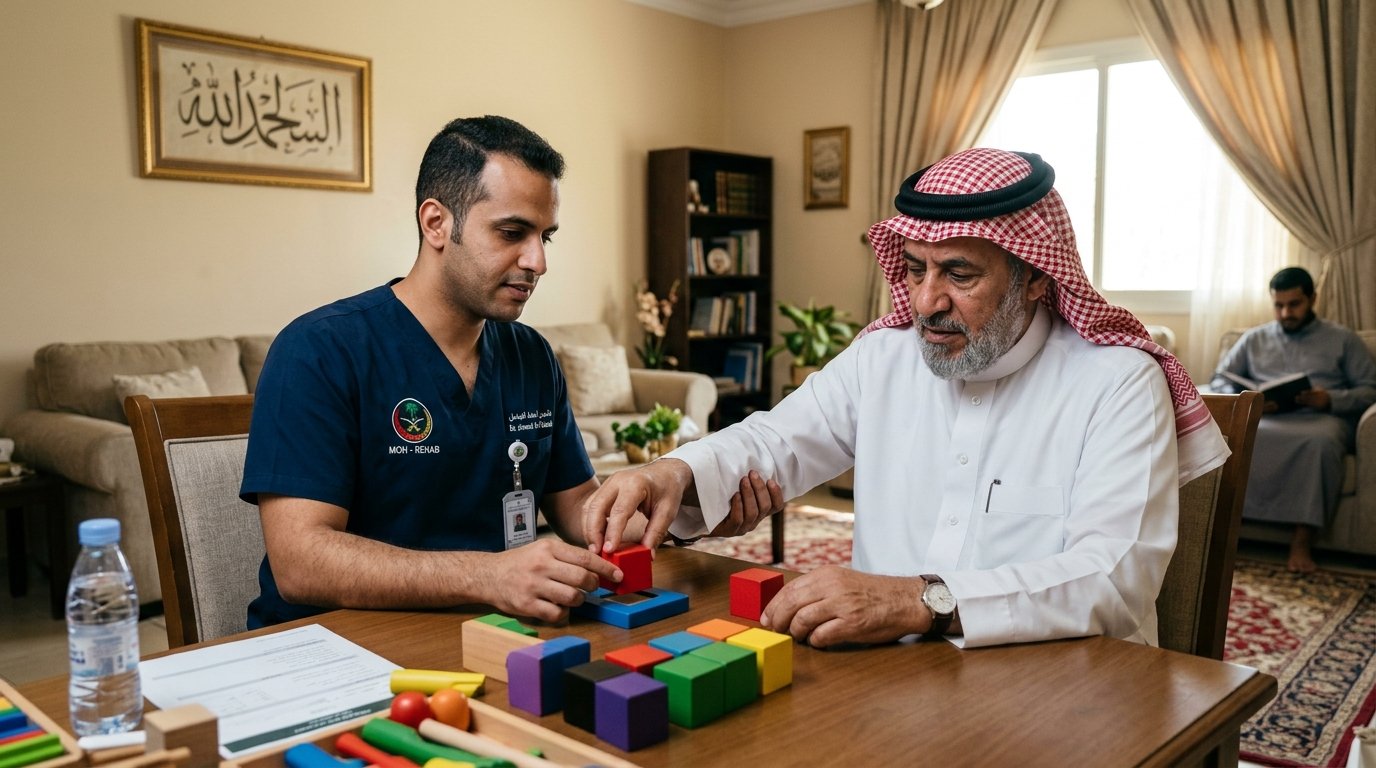 أخصائي علاج طبيعي مرخص يدرب مريض جلطة دماغية على تحسين توازن الجذع والمشي وإعادة التأهيل العصبي بالمنزل